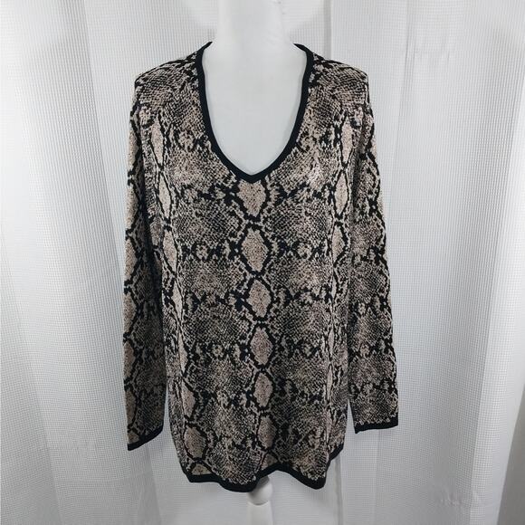 NWOT! CHICO'S! RICH BLACK & GOLD METALLIC SNAKESKIN KNIT NECKTIE SWEATER! SZ L - Picture 6 of 11